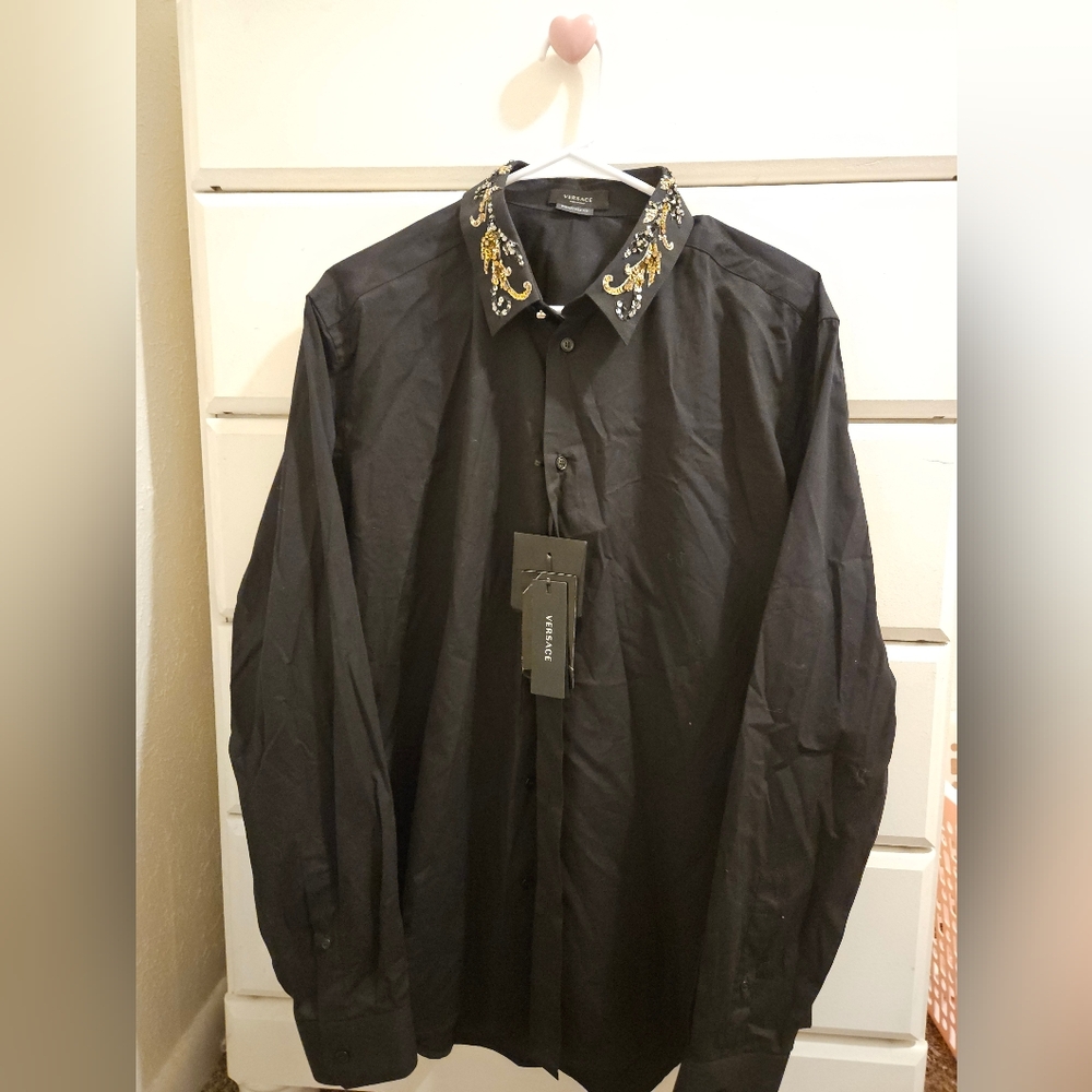 Versace Black Shirt with Embellished Collar